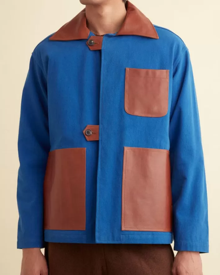 Men BODE Outerwear<Leather Tab Jacket - Tan/Blue