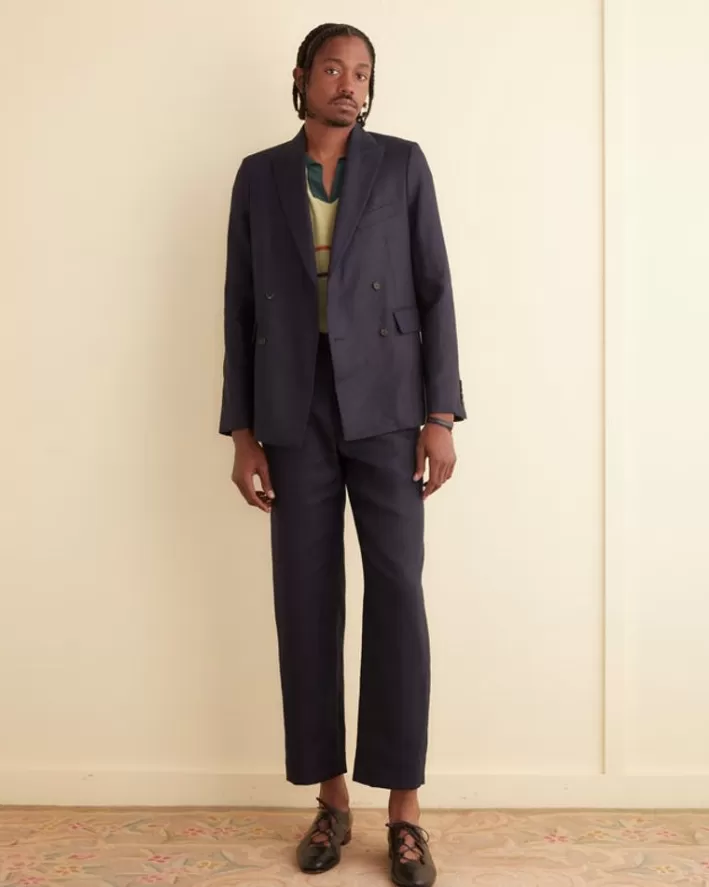 Men BODE Suiting<Linen Double-Breasted Suit Jacket - Navy