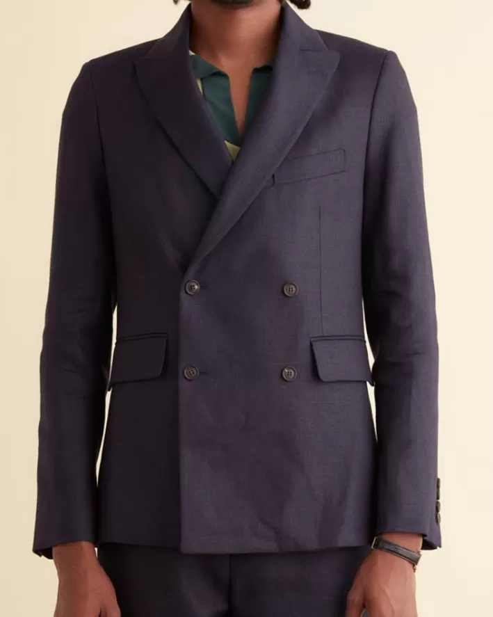 Men BODE Suiting<Linen Double-Breasted Suit Jacket - Navy