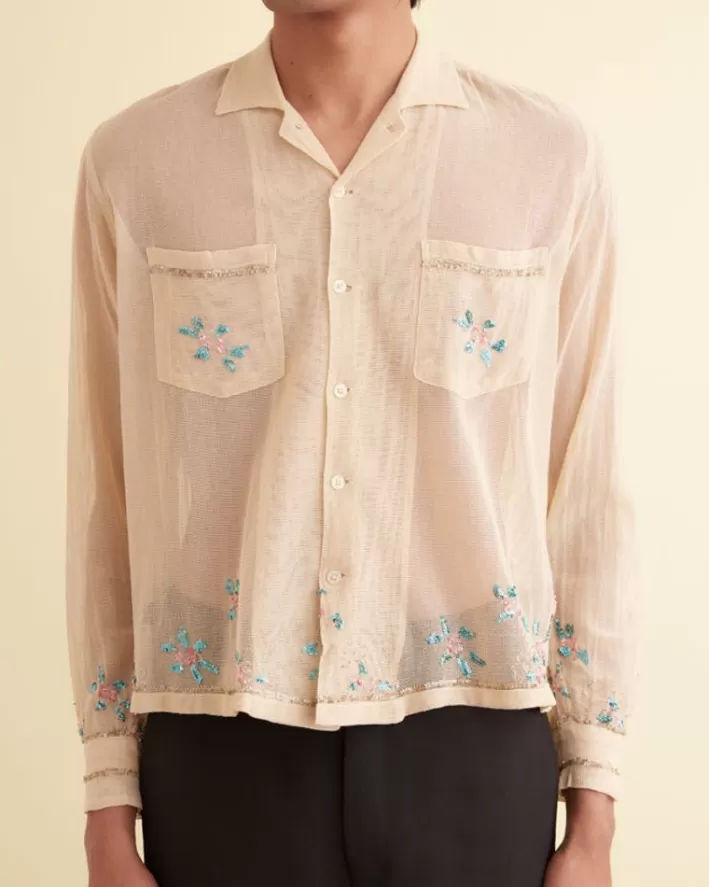 Men BODE Shirts<Sequined Floral Net Long Sleeve Shirt